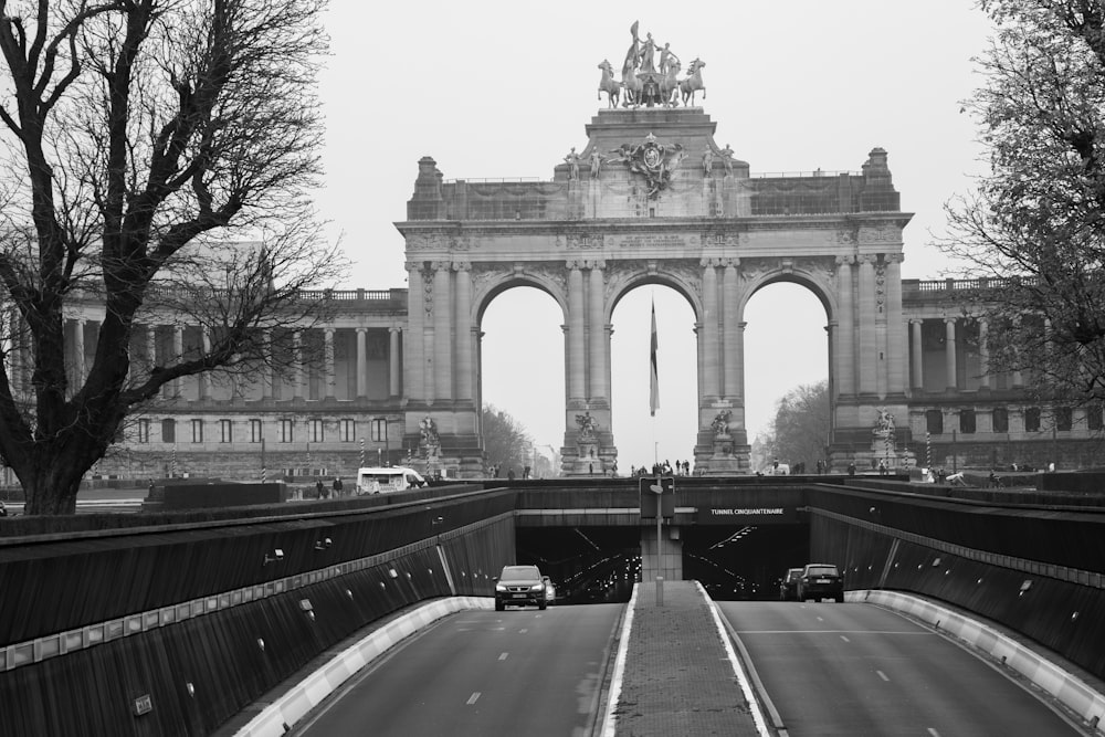 grayscale photo of a bridge