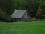A rustic wooden cabin with a shingled roof is nestled in a lush, green forest. The cabin is surrounded by a well-maintained lawn, and dense trees with thick foliage loom in the background. The overall setting is serene and isolated.