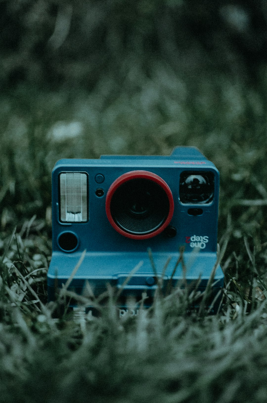 teal and black camera on green grass
