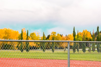 A chain-link fence runs horizontally in the foreground, with an autumnal landscape in the background. Vibrant yellow and orange trees line the horizon, contrasting with evergreen trees. The ground is covered in a mix of green grass and a reddish track surface. The sky is overcast, with hints of blue and gray clouds.