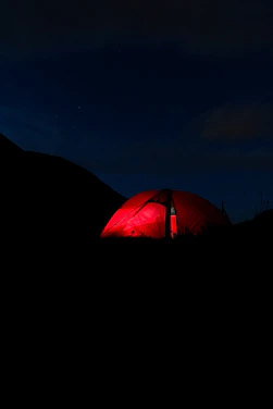 A vibrant circus tent with bright lights illuminating the Energy Exemplar logo at dusk.