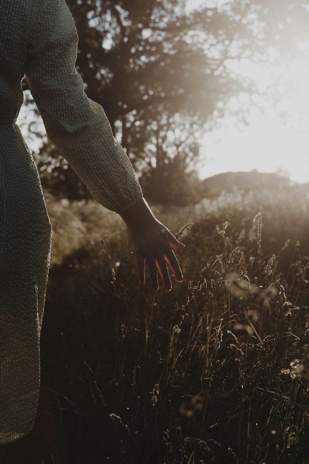 pessoa na camisa cinza de manga comprida em pé no campo de grama verde durante o dia