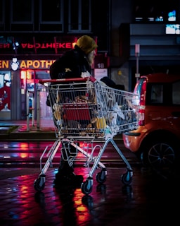 woman in black jacket riding red and silver shopping cart