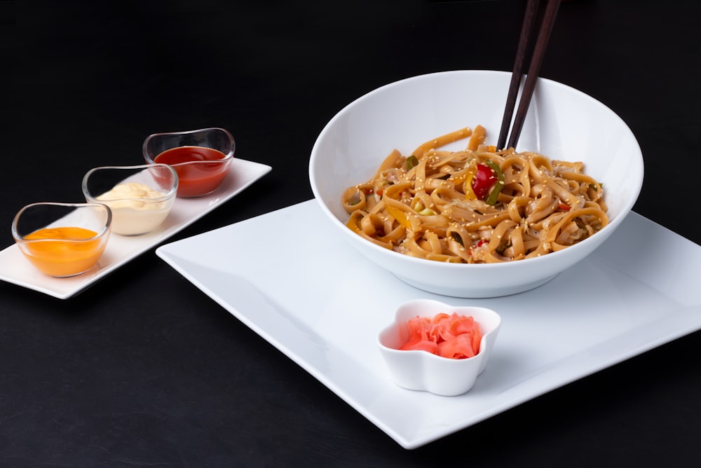 pasta dish on white ceramic bowl