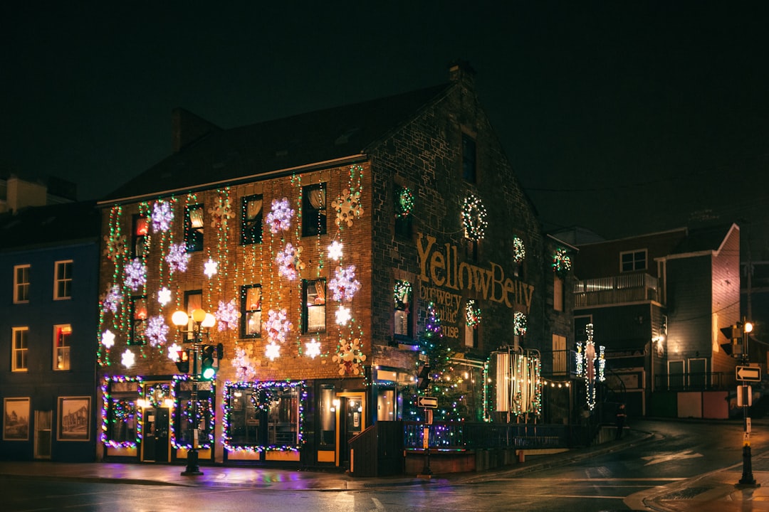 lighted building with string lights during night time