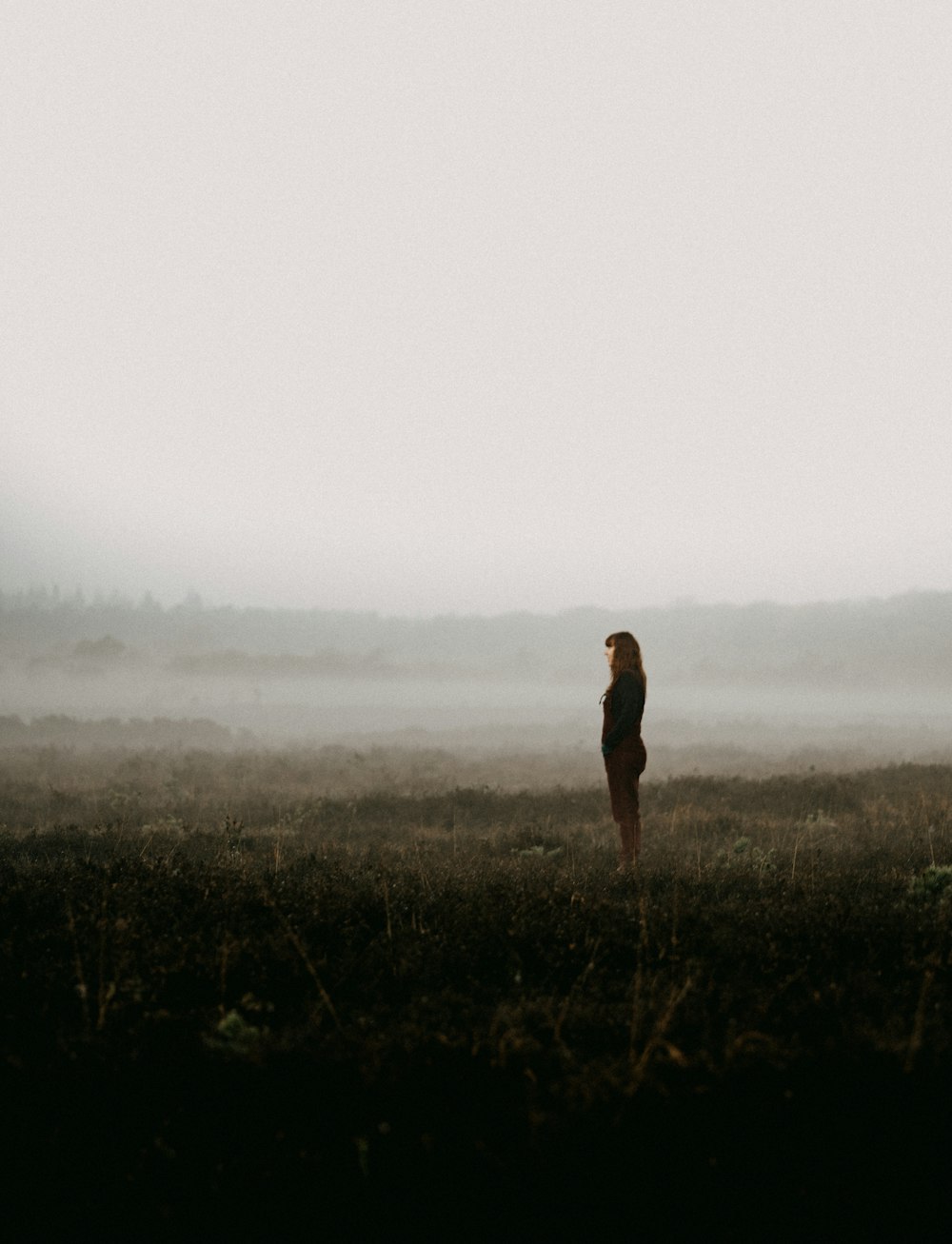 a person standing in a field with fog