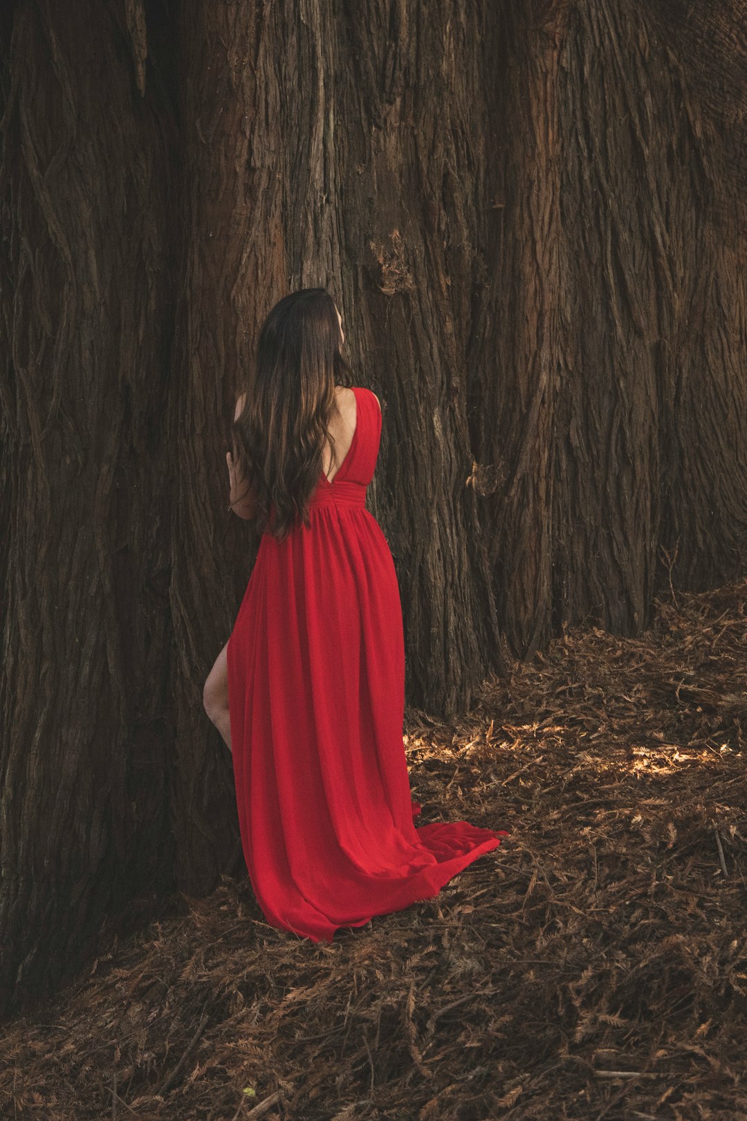 woman in red dress standing beside brown tree