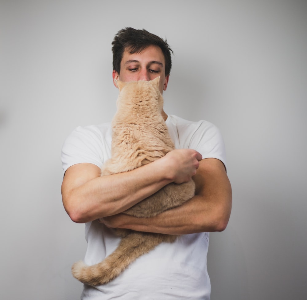 man in white t-shirt hugging brown cat