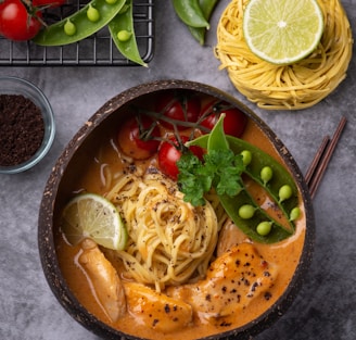 pasta dish on brown ceramic bowl