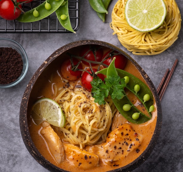 pasta dish on brown ceramic bowl