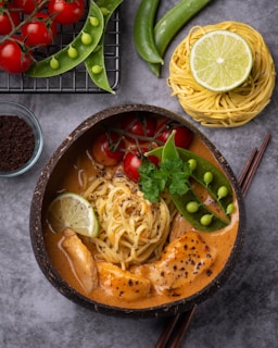 pasta dish on brown ceramic bowl