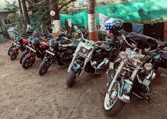 A collection of motorcycles is parked outdoors on a dirt patch, with trees and a green shade cloth in the background. The lineup includes various styles of bikes, some with shiny chrome finishes and decorative helmets. The scene is set in a natural environment with some clothing hanging in the background.