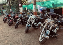 A collection of motorcycles is parked outdoors on a dirt patch, with trees and a green shade cloth in the background. The lineup includes various styles of bikes, some with shiny chrome finishes and decorative helmets. The scene is set in a natural environment with some clothing hanging in the background.
