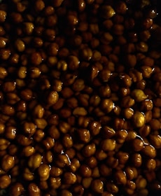 A close-up of dark brown legumes, likely chickpeas, glistening with moisture.
