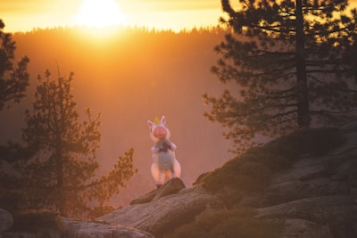 A whimsical scene features an inflatable unicorn standing on a rocky outcrop surrounded by trees. The sun is setting or rising in the background, casting a warm golden light over the forest landscape. Tall pine trees frame the view, adding a natural element to the otherwise playful composition.