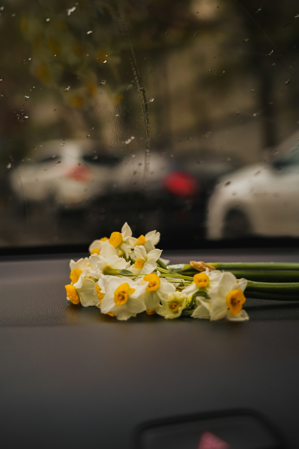 yellow flowers on car dashboard