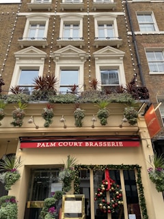A multi-story building facade with classic architecture features, including large windows with decorative moldings. The first level displays a restaurant sign reading 'Palm Court Brasserie' in white letters on a red background. It is adorned with greenery and festive decorations, including a wreath with red ribbon and ornaments. Potted plants with colorful foliage are arranged on the ground floor and along the second floor balcony.