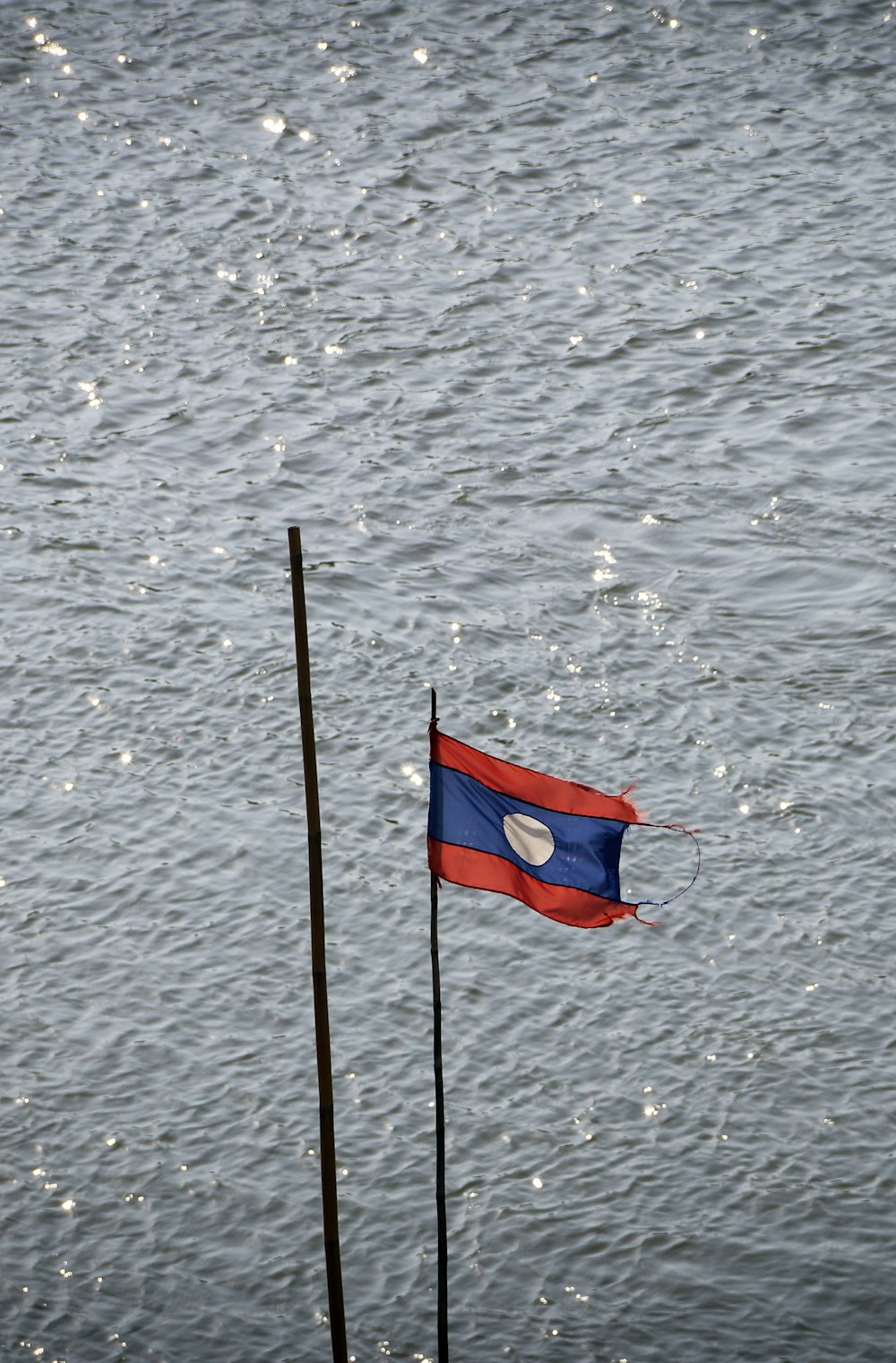 blue and red flag on pole on body of water