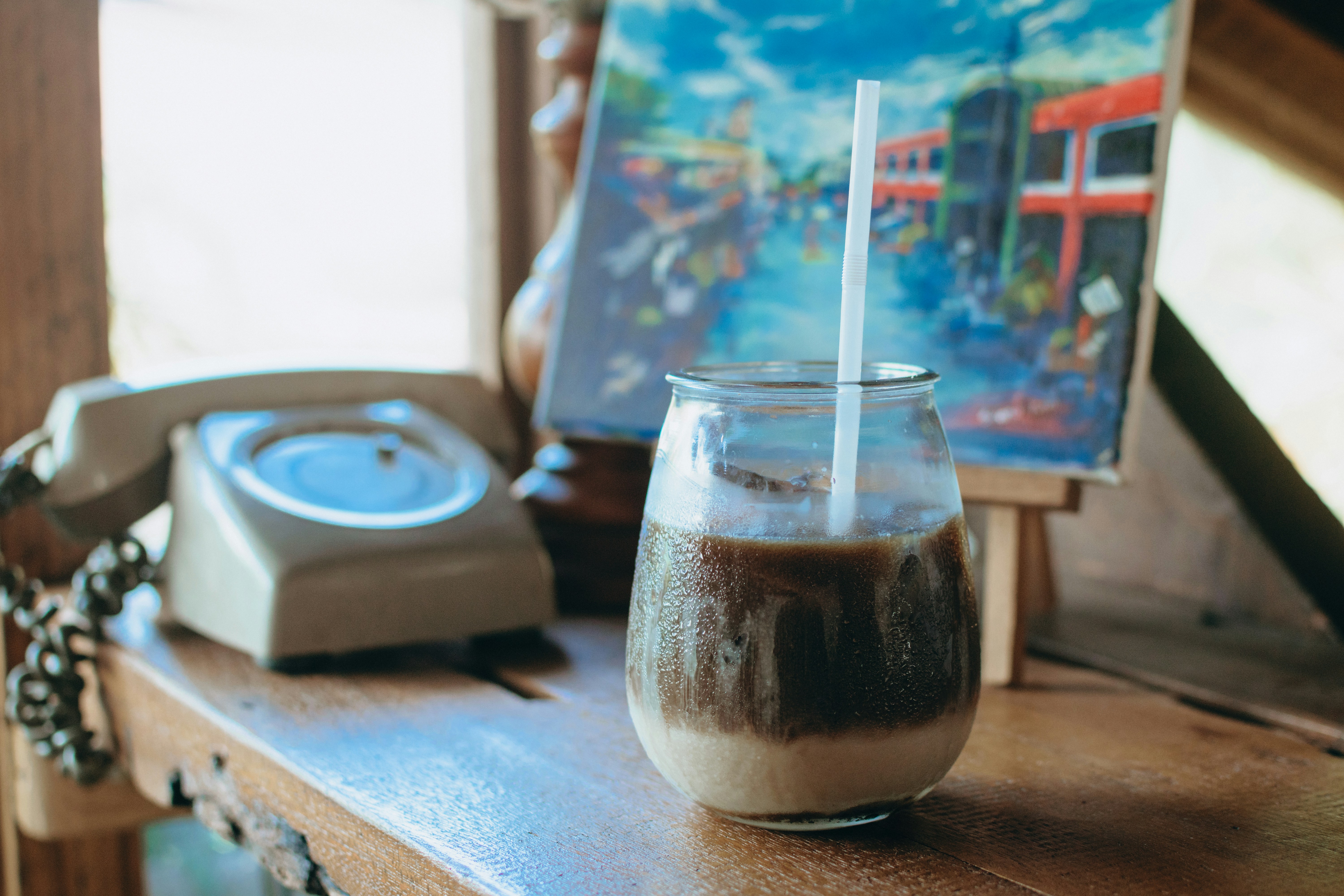 Iced black coffee on a desk