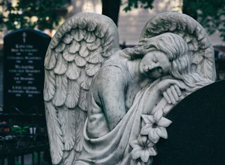 gray scale photo of angel statue