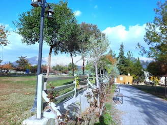 A peaceful park setting featuring a pathway lined with benches and trees. A wooden fence runs alongside the path, and there are lamp posts providing lighting. In the background, there are mountains under a partly cloudy sky. The grass and foliage suggest a lively natural environment.