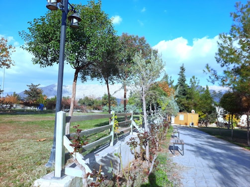 A peaceful park setting featuring a pathway lined with benches and trees. A wooden fence runs alongside the path, and there are lamp posts providing lighting. In the background, there are mountains under a partly cloudy sky. The grass and foliage suggest a lively natural environment.