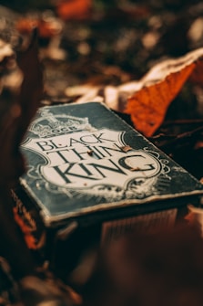 A box with the text 'BLACK THIN KING' is partially covered by autumn leaves. The box has an intricate decorative design on its surface, featuring elegant, vintage-style fonts and motifs. The surrounding leaves are in shades of brown and orange, suggesting a forest floor during fall.