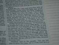 The image contains a close-up section of a book, likely a religious text, with slightly blurred and highlighted text emphasizing the words 'Lord', 'serve', and 'choose'. The text appears structured in paragraphs with some sections indented.