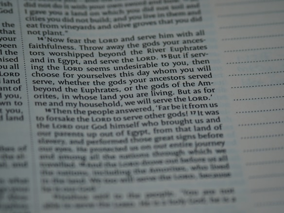 The image contains a close-up section of a book, likely a religious text, with slightly blurred and highlighted text emphasizing the words 'Lord', 'serve', and 'choose'. The text appears structured in paragraphs with some sections indented.