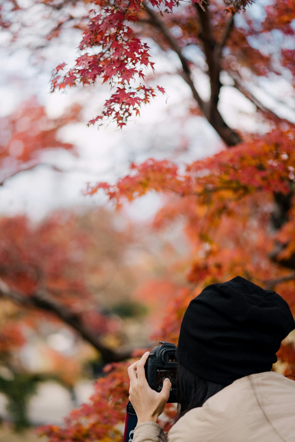 person in black jacket and black backpack holding camera