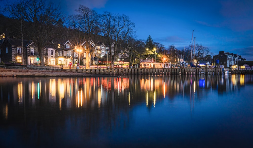 body of water near trees during night time