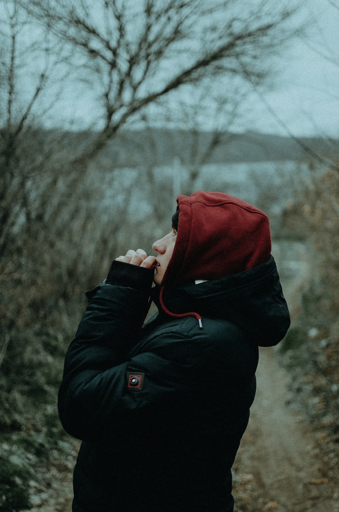 man in black jacket and red knit cap covering face with red textile