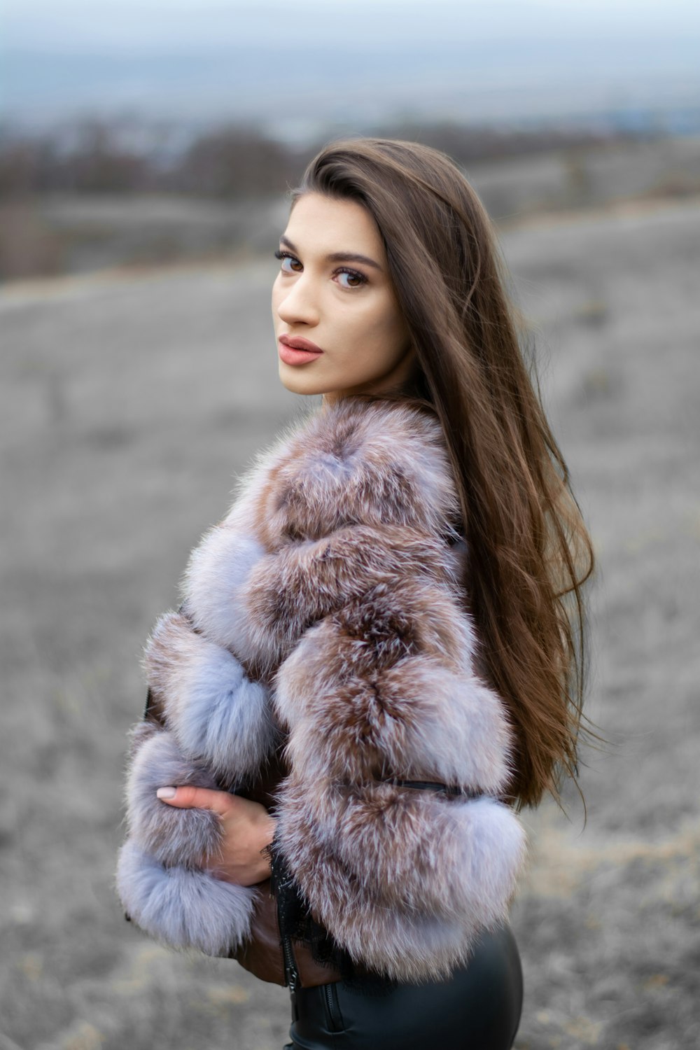 girl in white fur coat