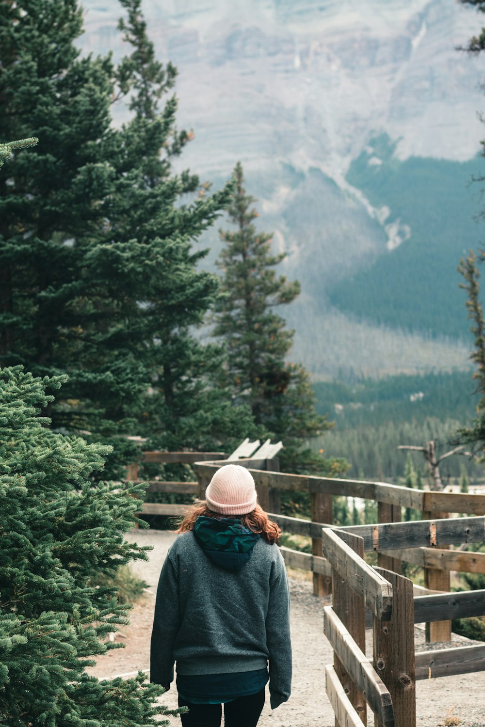 person in blue denim jacket wearing brown knit cap standing on brown wooden fence looking at during