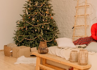 green christmas tree on brown wooden table