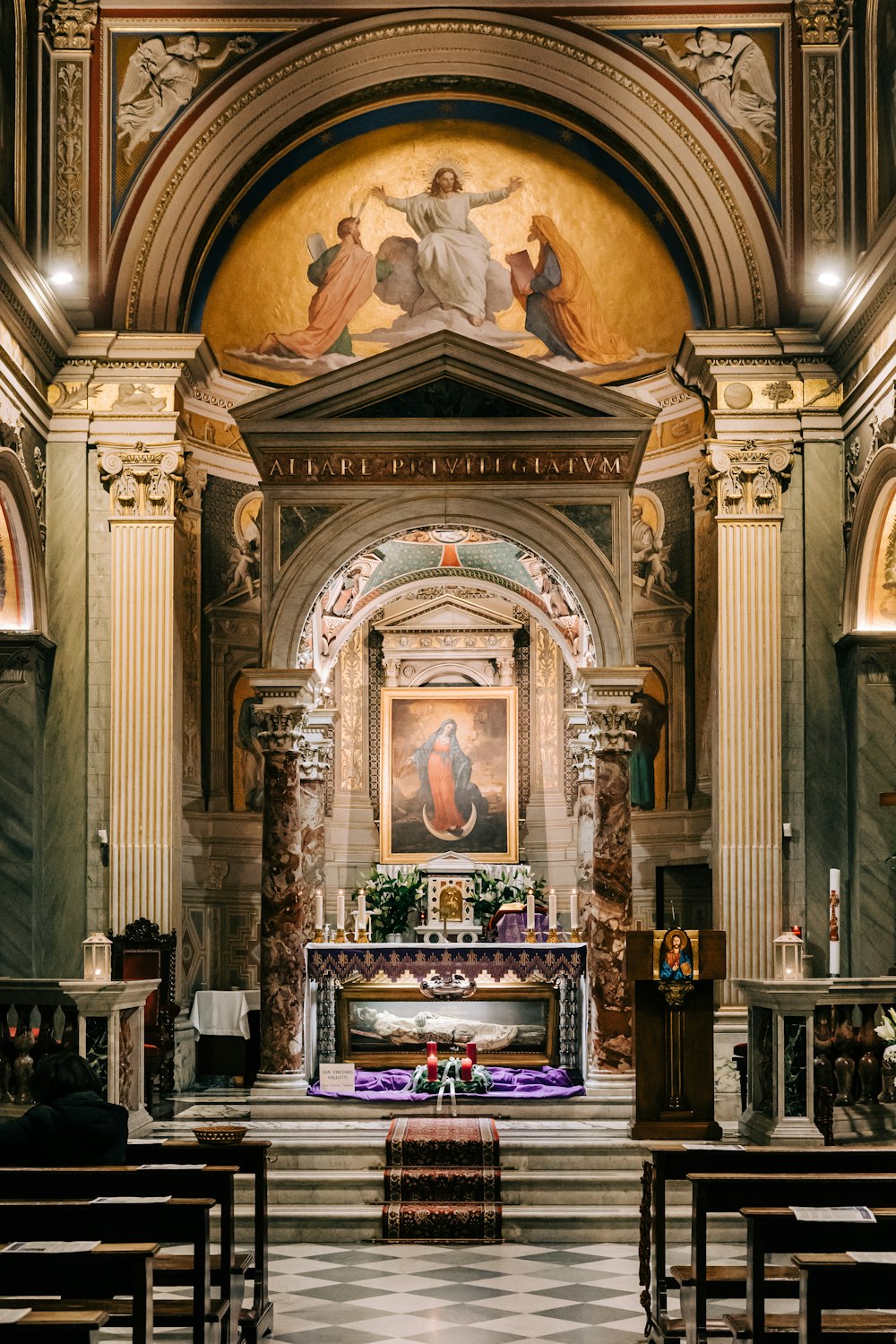 brown wooden table in church