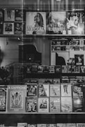 A display window with a variety of movie posters and DVD covers lined up on shelves. The collection includes both classic and contemporary films, and the setup has a vintage aesthetic due to the black and white photography. The titles and images are visible through the reflection of the glass, adding an artistic layer to the scene.