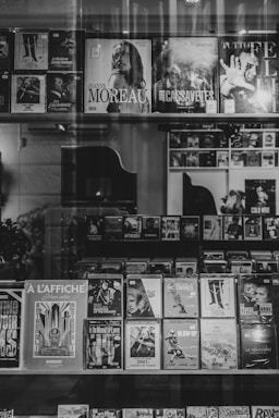 A display window with a variety of movie posters and DVD covers lined up on shelves. The collection includes both classic and contemporary films, and the setup has a vintage aesthetic due to the black and white photography. The titles and images are visible through the reflection of the glass, adding an artistic layer to the scene.