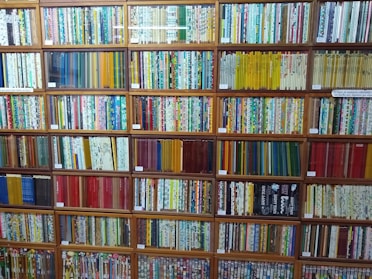 Colorful and organized hobby supplies neatly arranged on shelves.