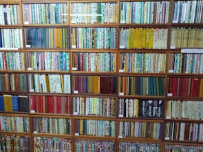 Close-up of colorful, neatly arranged items on wooden shelves.