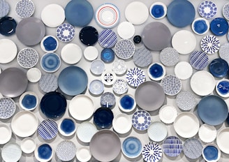white blue red and yellow round ceramic plate