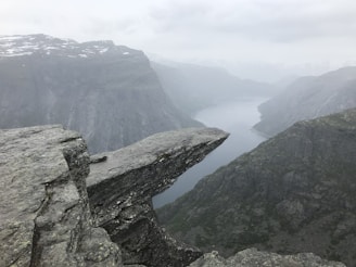 Ancient runes etched into stone overlooking a misty fjord with pine forests beyond.