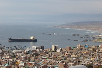 A large cargo ship is stationed in a coastal bay next to a densely built town. The shoreline is scattered with small fishing boats and rocky outcrops. The background displays a hazy horizon and distant hills under a cloudy sky.