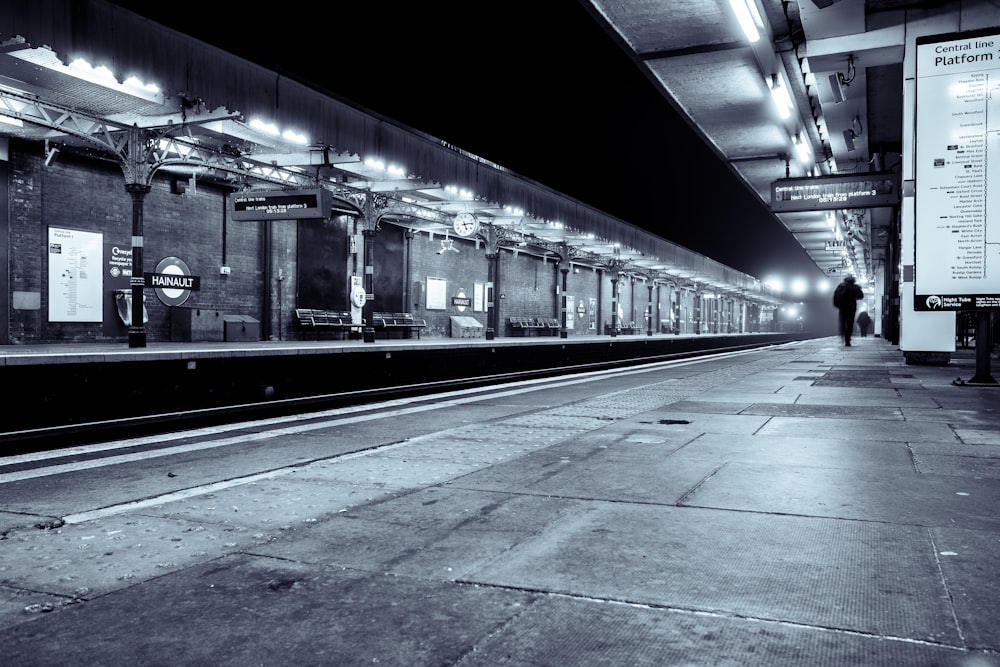 grayscale photo of train station