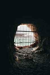 brown cave with black metal frame