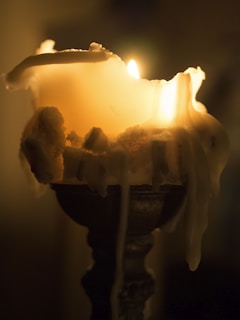 A close-up of a melting candle with wax drippings cascading down its sides. The soft, warm glow of the candlelight creates a serene and intimate atmosphere, highlighting the details of the wax texture.