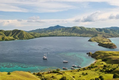 Boats in Komodo National Park near Flores in Indonesia as part of a Komodo boat trip