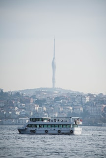 A ferry is sailing in a body of water with a cityscape in the background. A tall, modern telecommunications tower is visible above a densely built hillside, conveying a mix of urban and natural landscapes.