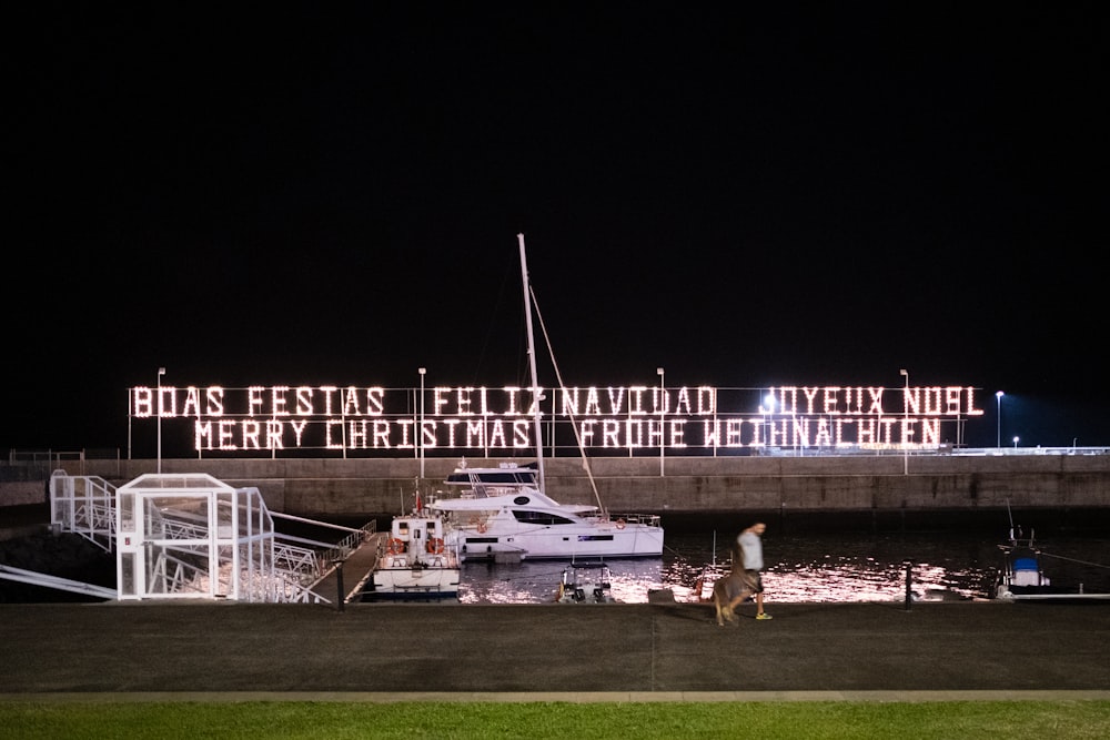 white yacht on dock during night time