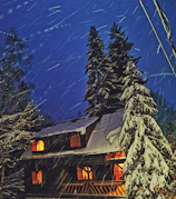 Nighttime exterior of a stylish cabin with glowing warm lights and snow-covered roof.